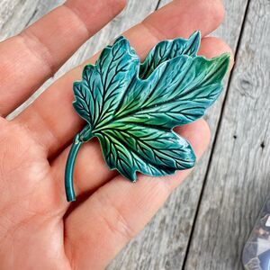 Vintage jewelry Enamel leaf brooch Teal Leaf Pin